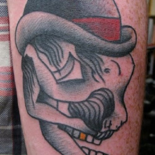 Optical Illusion Grey Ink Skull With Hat Tattoo